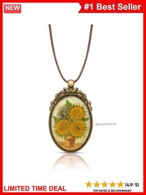 Handmade Real Flower Resin Pendant Necklace Sunflower Vase Vintage Bronze